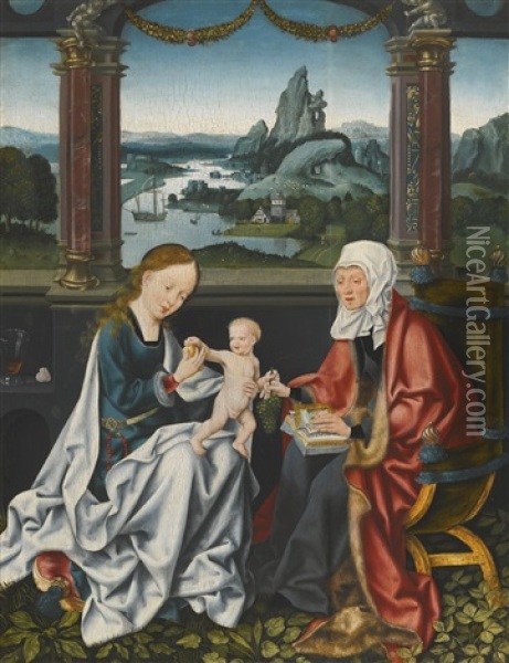 The Virgin And Child With Saint Anne Before A Landscape Oil Painting - Joos Van Cleve