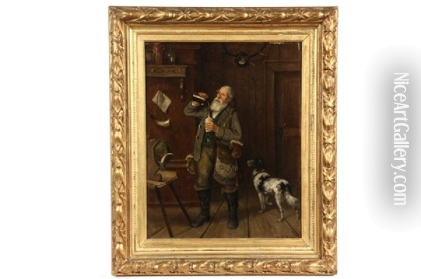 Elderly Bavarian Hunter Refilling His Drinking Flask At A Tavern Oil Painting - August Mueller