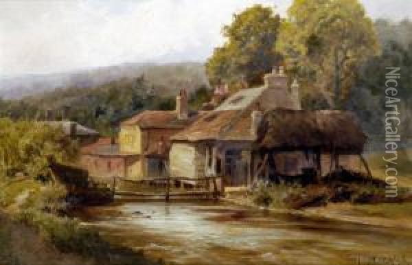 Riverside Rustic Cottage And Bridge Oil Painting - Edward Henry Holder