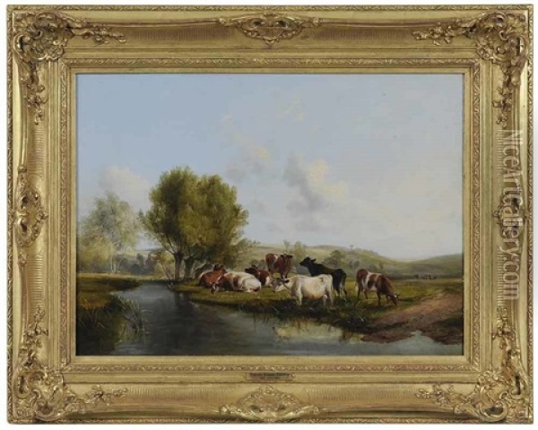 Cows Resting By A River Oil Painting - Thomas Sidney Cooper