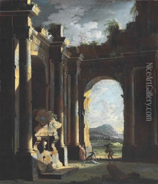 An Architectural Capriccio With Figures Oil Painting - Leonardo Coccorante