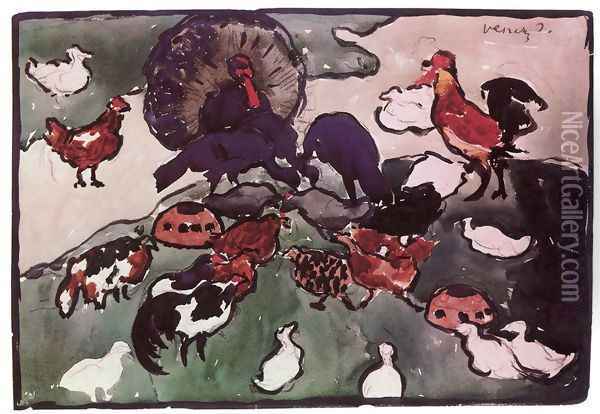 Poultry-run design for a tapestry c. 1904 Oil Painting - Janos Vaszary