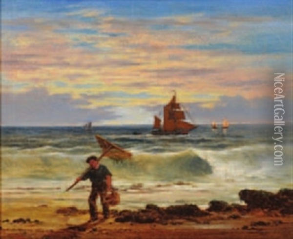 Gathering Vraic On A Shore, Evening, Coastal Craft Offshore Oil Painting - Henry Moore
