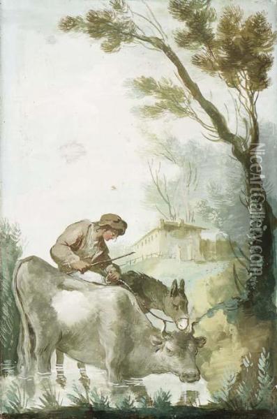 A Shepherd Crossing A Ford With A Cow And A Donkey Oil Painting - Giuseppe Bernardino Bison