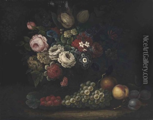 Roses, Tulips, Honeysuckle, Delphinium, Convolvulus In An Urn With Grapes, Peaches, Plums, Strawberries And A Butterfly Oil Painting - William Beardmore