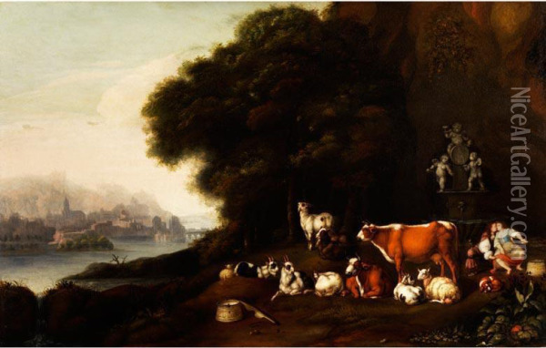 Landschaft Mit Kuhen, Schafen Und Ziegen Sowie Einer Hirtin, Die Von Einem Edelmann Verfuhrt Wird Oil Painting - Abraham Borm