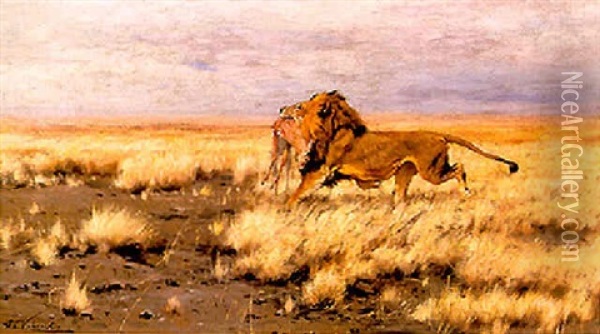 Lion With Its Kill Oil Painting - Wilhelm Friedrich Kuhnert