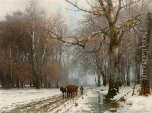 Farmer With Horse And Cart In A Winter Landscape Oil Painting - Anders Anderson-Lundby