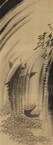 Karpfen, Einen Wasserfall Hochspringend Oil Painting - Katori (Ino) Nahiko