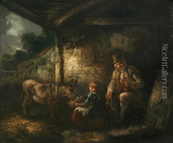 An Irish Cabin, - Peasant Figures And Donkey By A Cottage Oil Painting - Benjamin Barker