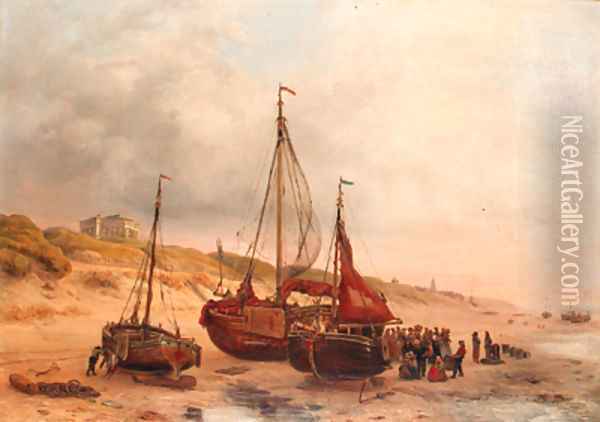 Numerous fisherfolk and a fishing fleet near Paviljoen von Wied, Scheveningen in the distance Oil Painting - Willem Troost