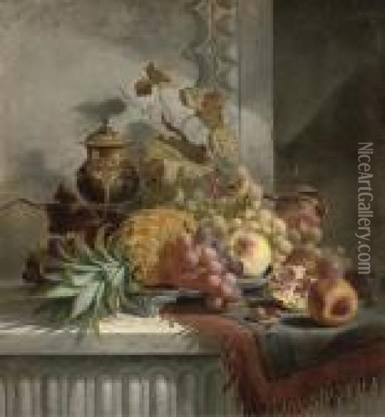 Pineapple, Grapes, Plums, Pomegranate, Peaches On A Silver Tray, On A Marble Ledge Oil Painting - Edward Ladell