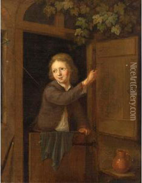 A Finch On A Fowling-line Held By A Boy Standing In A Doorway Oil Painting - Arnold Houbraken