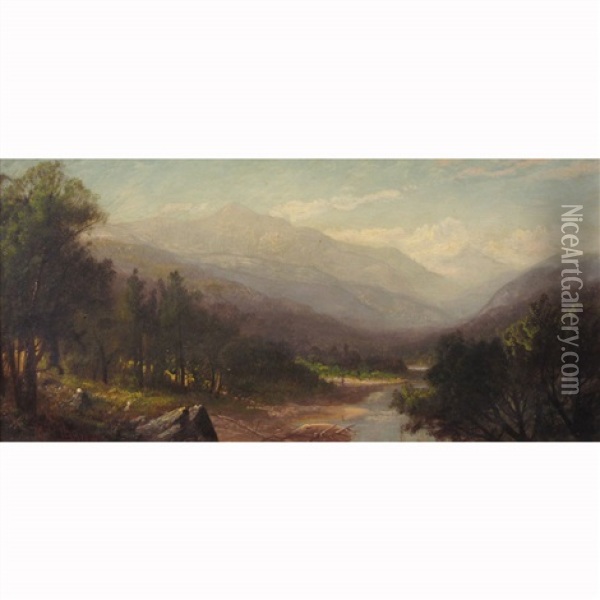 River Landscape With Mountains Oil Painting - Harrison Bird Brown