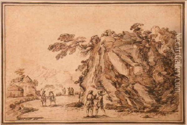 Figures In A Landscape With A Huge Boulder Oil Painting - Guercino
