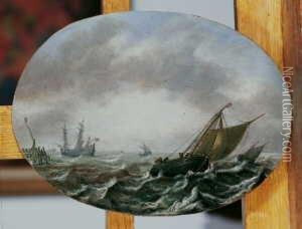 Segelschiffe Auf Bewegter See In Kustennahe. Oil Painting - Justus de Verwer