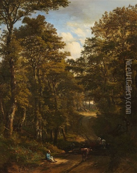 A Woodland Road With Rider And Cows Oil Painting - Jules Andre