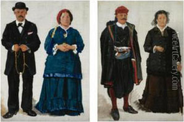 Greek Figure Studies; A Pair Oil Painting - Josef Theodor Hansen