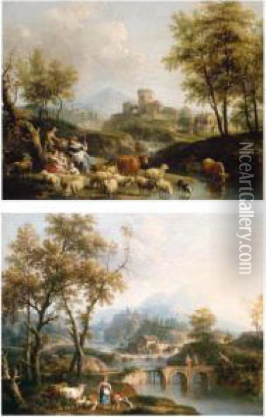A Pastoral Landscape With 
Shepherdess Resting With Sheep And Cattle At A Watering-hole, A 
Capriccio View Of A Town Beyond Oil Painting - Gianbattista Cimaroli