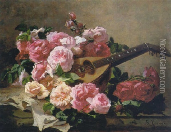 Still Life With Roses And Mandolin Oil Painting - Georges Jeannin