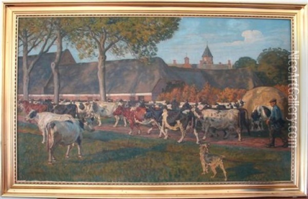 Herding Cattle Oil Painting - Rasmus Christiansen