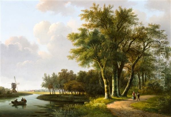 A Landscape With A Windmill Along A Stream Oil Painting - Willem De Klerk