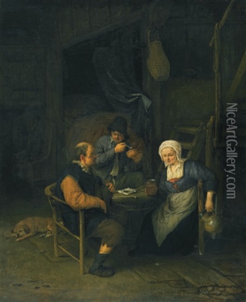 An Interior With Two Boors And A Woman Conversing, Smoking And Drinking At A Table Oil Painting - Adriaen Jansz van Ostade