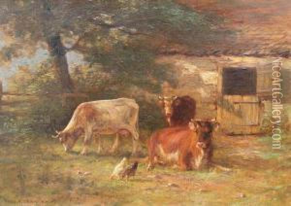 ''in The Farm Yard, 
Late Afternoon'' Oil Painting - Thomas Bigelow Craig