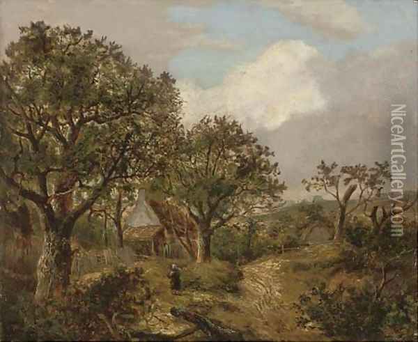 Figures on a wooded path before a cottage Oil Painting - Joseph Thors