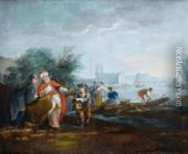 Merchants And Fishermen At A Mediterranean Port Oil Painting - Jean-Baptiste Le Prince