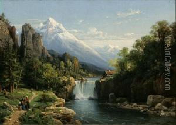 Cascade La Vallee, D'oche, Alps Oil Painting - Charles Euphrasie Kuwasseg