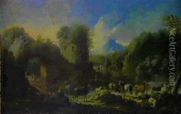 Paesaggio Con Mucche E Pastori Oil Painting - Johann Melchior Roos