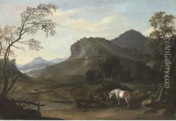 A Mountainous River Landscape With A Shepherd Driving His Sheep (+ A Mountainous River Landscape With Horses And Cattle; Pair) Oil Painting - Wenzel Ignaz Prasch
