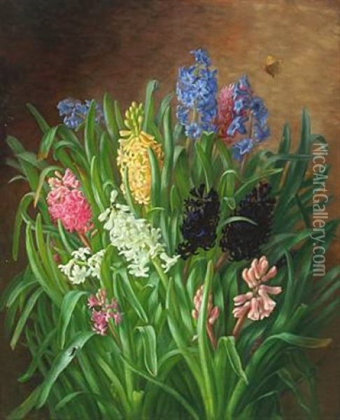 Still Life With Hyacinths And Butterfly Oil Painting - Alfrida Baadsgaard