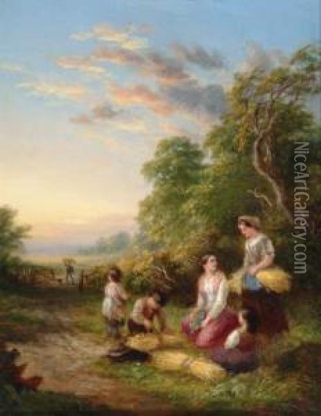 Crossing The Stream And The Tired Gleaners Oil Painting - John Anthony Puller