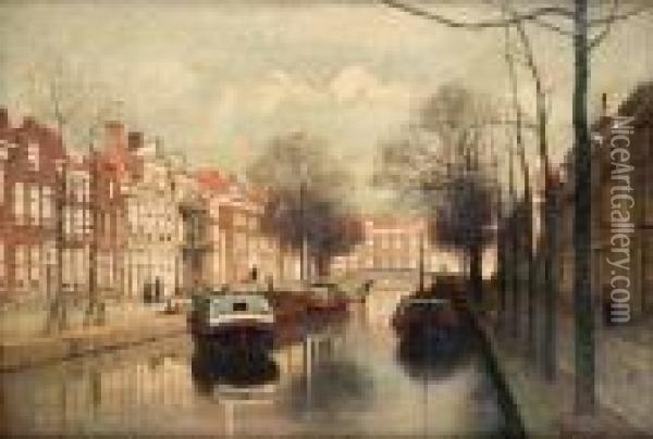 A Quiet Canal, Amsterdam Oil Painting - Johannes Christiaan Karel Klinkenberg