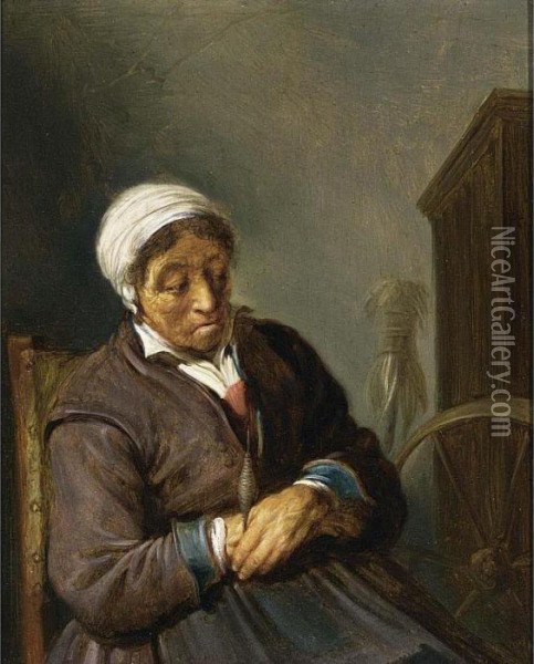 An Old Lady Sleeping At Her Spinning Wheel Oil Painting - Isaack Jansz. van Ostade
