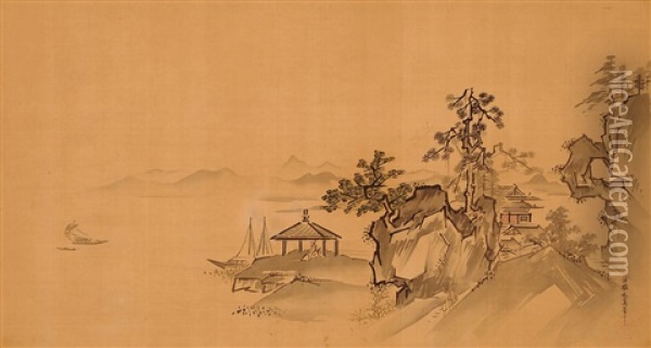 Monastery On A Rocky Seashore Oil Painting - Yasunobu Kano