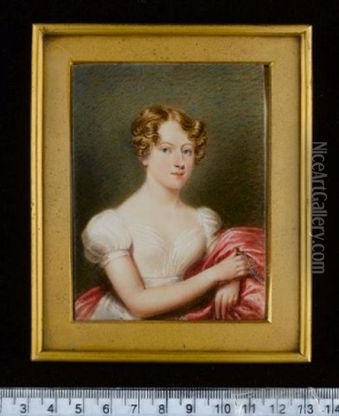 A Lady, Wearing White Dress With Short Puff Sleeves And Cerise Cloak With Embroidered Trim Oil Painting - Emma Eleonora (Eleanor) Kendrick
