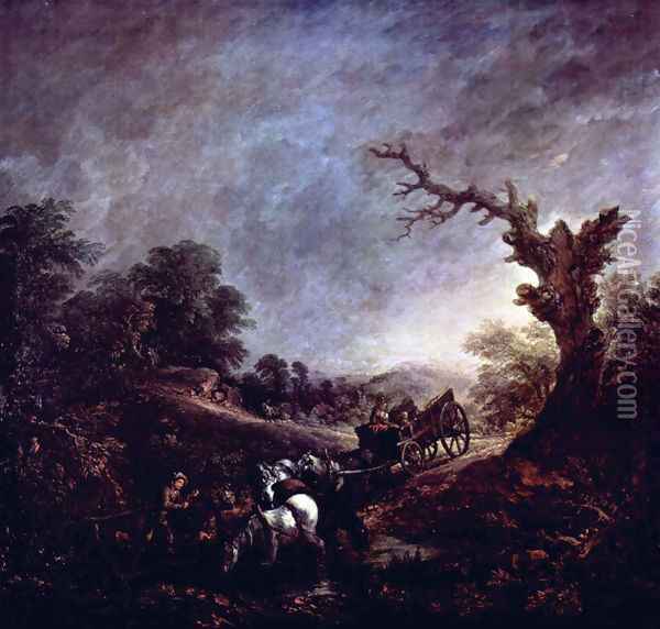 Sunset, Carthorses Drinking at a Stream Oil Painting - Thomas Gainsborough