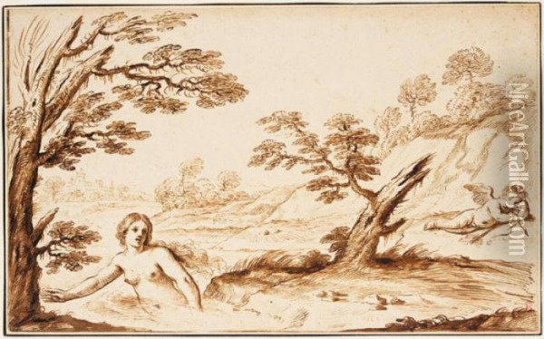 Venus Bathing In A River And Cupid Ashore Resting Oil Painting - Guercino