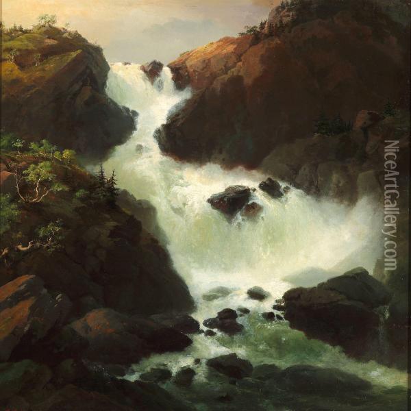 A Raging Waterfall, Laatefossen In Hardanger, Norway Oil Painting - Vilhelm Melbye