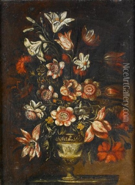Narcissi, Lilies, Tulips And Other Flowers In A Classical Urn On A Plinth Oil Painting - Mario Nuzzi