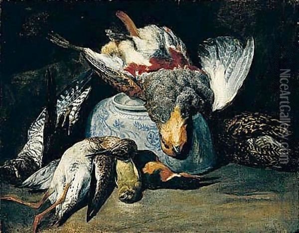 Still Life Of A Partridge, Hawk, Snipe, Goldfinch And Kingfisher, Together With An Upturned Blue And White Porcelain Bowl Oil Painting - Peeter Boel
