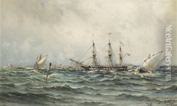 Clipper Utanfor Karlskrona Oil Painting - Herman Gustav af Sillen