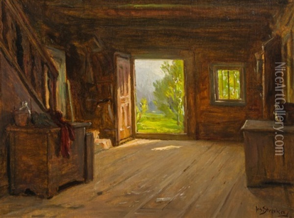Interieur Mit Blick Ins Grune Oil Painting - Josef Straka