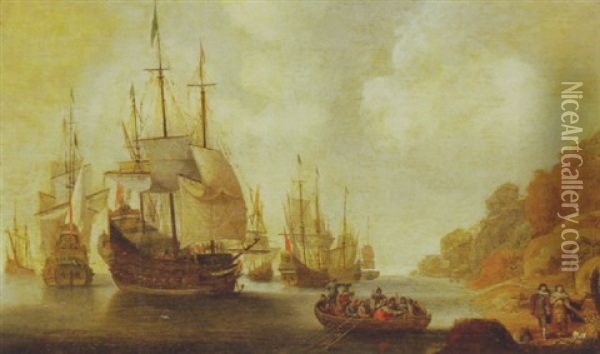 Coastal Scene With Boat Landing On Shore Oil Painting - Willem van Diest