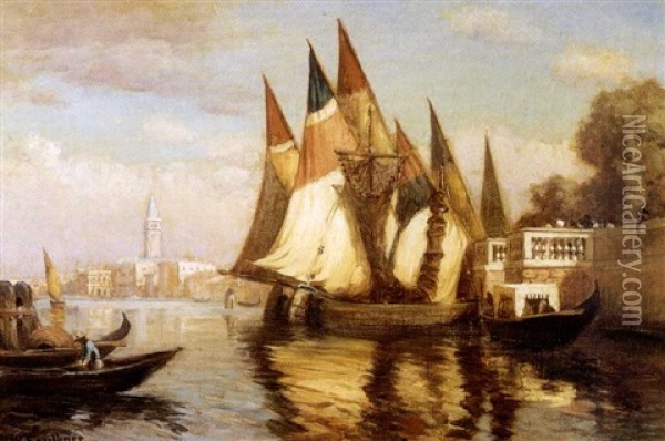 Bateaux Amarres Aux Jardins Francais A Venise Oil Painting - Herbert W. Faulkner