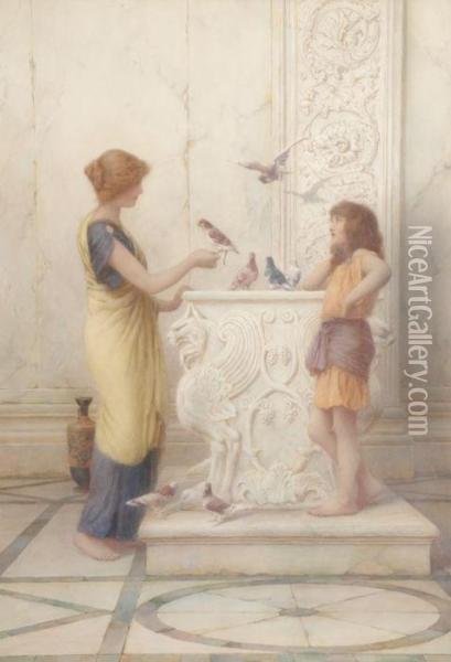 Girls By A Wellhead With Birds Oil Painting - Henry Ryland