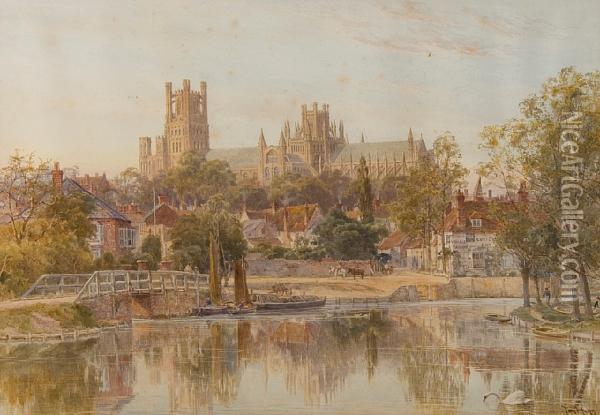 Ely Cathedral From The River Oil Painting - Thomas Hunt
